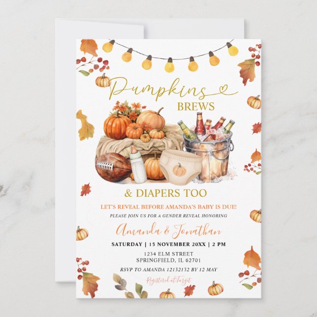 Pumpkins Brews Diapers Fall Leaves Gender Reveal Invitation (Front)