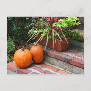 pumpkins brick steps planter fall halloween autumn postcard