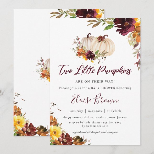 Pumpkins Burgundy Orange Floral Twins Baby Shower  Invitation (Front/Back)