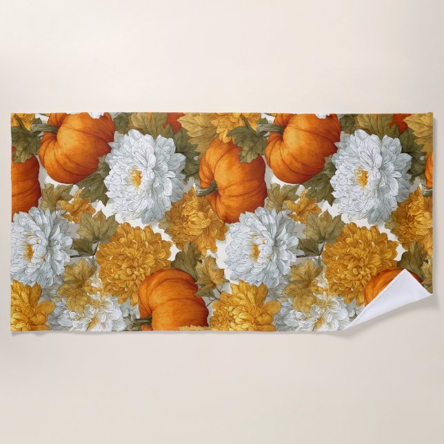 Pumpkins & Chrysanthemums Fall Design Beach Towel (Front)