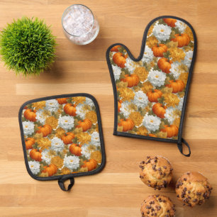 Pumpkins & Chrysanthemums Fall Design Oven Mitt & Pot Holder Set
