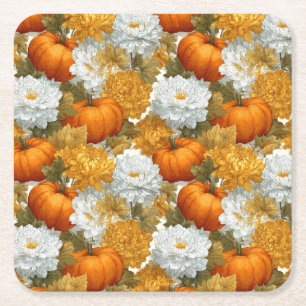Pumpkins & Chrysanthemums Fall Design Square Paper Coaster
