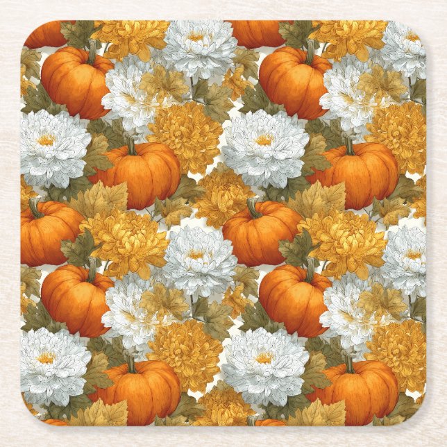 Pumpkins & Chrysanthemums Fall Design Square Paper Coaster (Front)