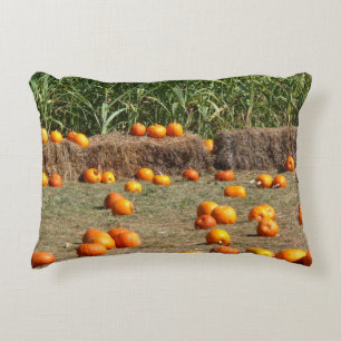 Pumpkins, Corn and Hay Autumn Harvest Photography Decorative Cushion