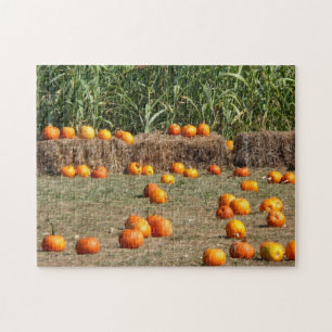 Pumpkins, Corn and Hay Autumn Harvest Photography Jigsaw Puzzle