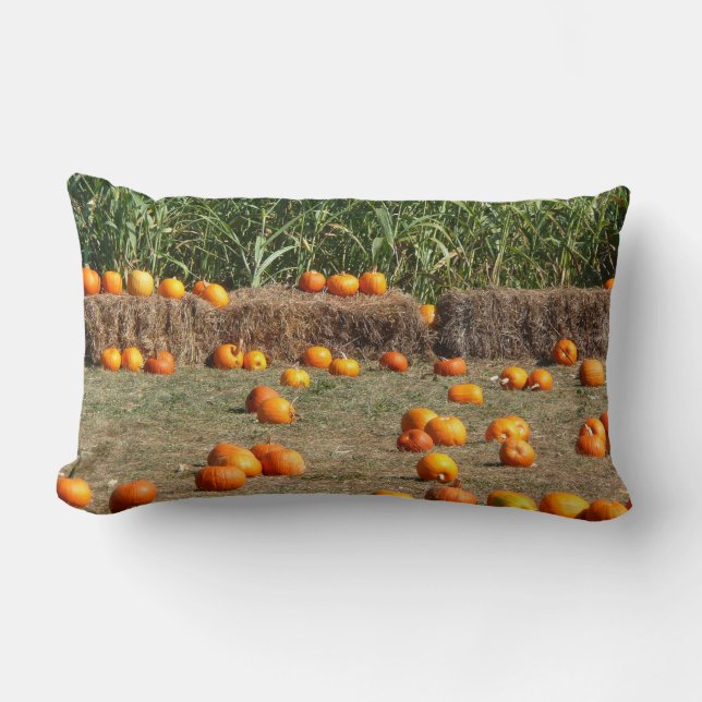 Pumpkins, Corn and Hay Autumn Harvest Photography Lumbar Cushion (Front)