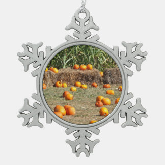 Pumpkins, Corn and Hay Autumn Harvest Photography Snowflake Pewter Christmas Ornament