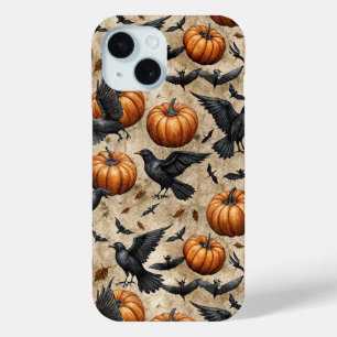 Pumpkins, Crows, and Bats Halloween Pattern iPhone 15 Case