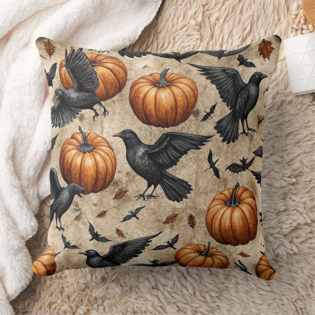 Pumpkins, Crows, and Bats Halloween Pattern Cushion (Blanket)