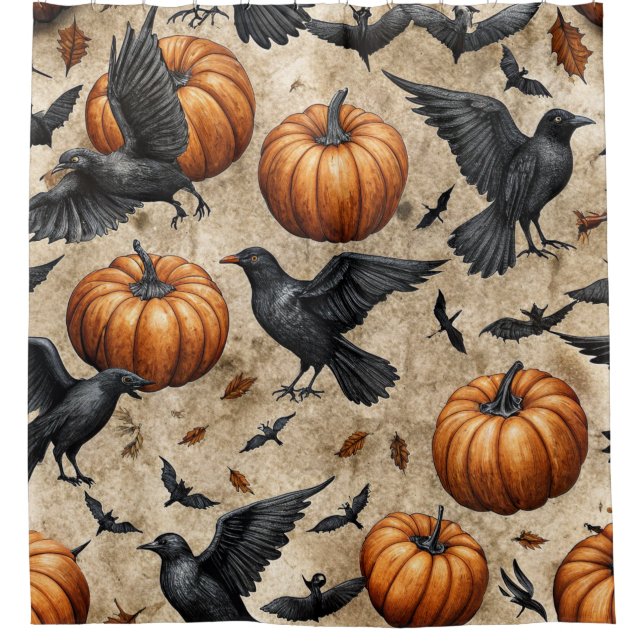 Pumpkins, Crows, and Bats Halloween Pattern Shower Curtain (Front)