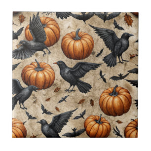 Pumpkins, Crows, and Bats Halloween Pattern Tile