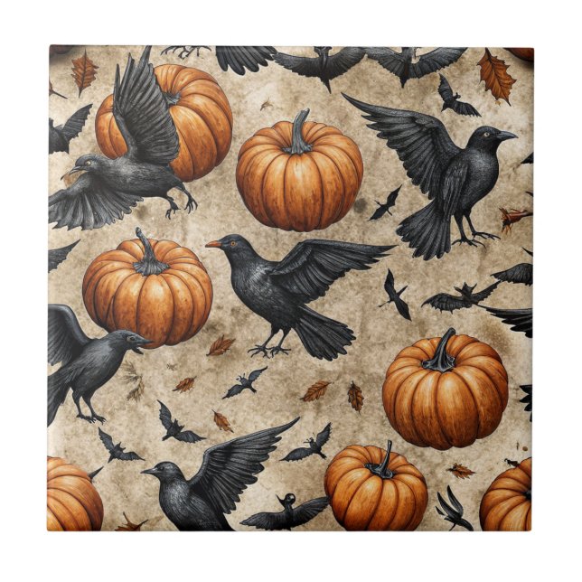 Pumpkins, Crows, and Bats Halloween Pattern Tile (Front)