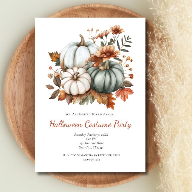 Pumpkins Fall Autumn Flowers Halloween Party Invitation (Pastel Green White Pumpkins Fall Autumn Leaves Flowers Halloween Party invitation. Printed Digital)