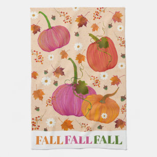 Pumpkins Fall Leaves Pattern Tea Towel