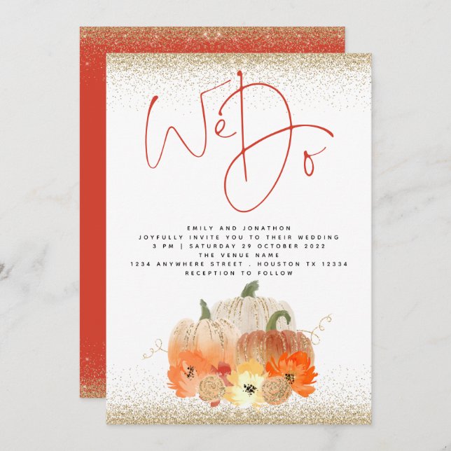 Pumpkins Florals Gold Glitter We Do Script Wedding Invitation (Front/Back)