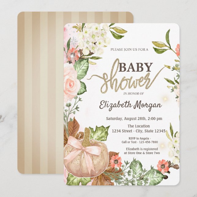 Pumpkins Flowers Leaves Stripes Baby Shower  Invitation (Front/Back)