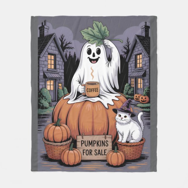 Pumpkins For Sale & Caffeine Ghost & Cat V2 Fleece Blanket (Front)