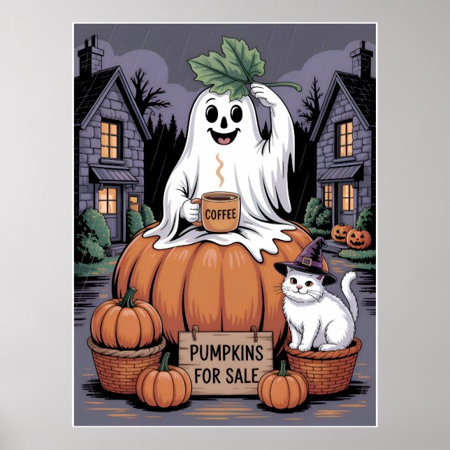 Pumpkins For Sale & Caffeine Ghost & Cat V2 Poster (Front)