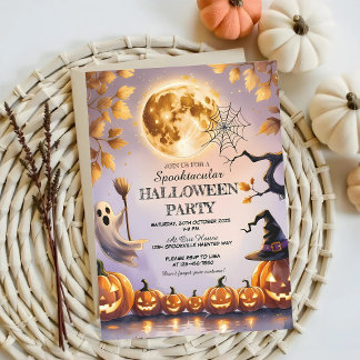 Pumpkins, Ghost & Full Moon Spooky Halloween Party Invitation