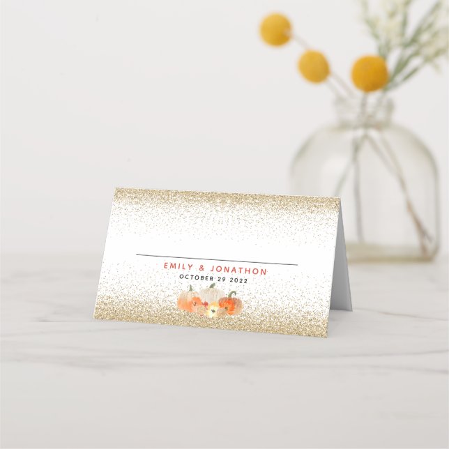Pumpkins Glitter Fall In Love Names Wedding Place  Place Card (Front)