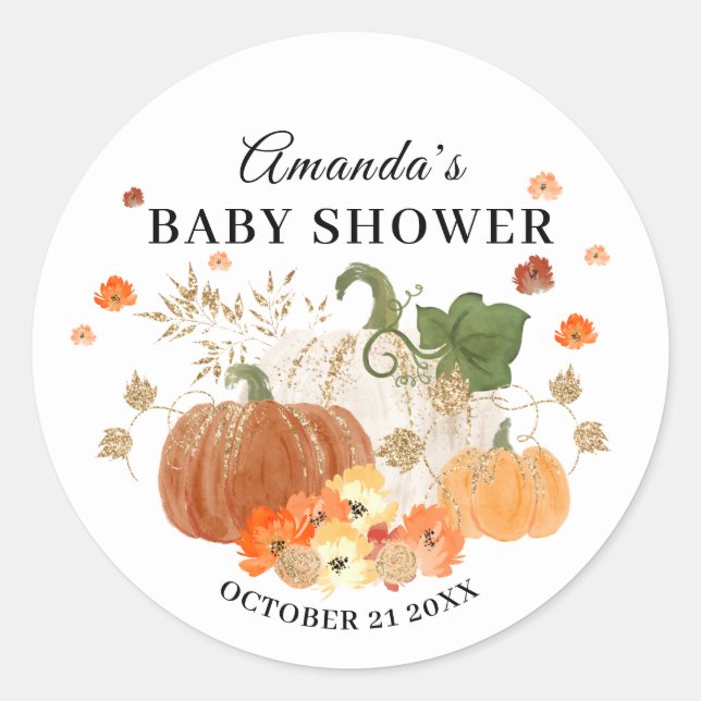 Pumpkins & Gold Halloween Theme Baby Shower Favour Classic Round Sticker (Front)