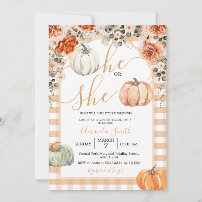 Pumpkins He or She Floral Fall Gender Reveal Party Invitation (Front)