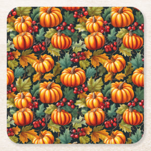 Pumpkins in the Leaves with Berries Square Paper Coaster