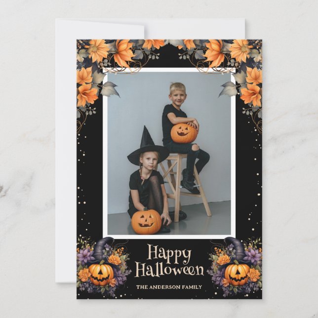 Pumpkins Jack-O'-Lanterns Floral Photo Halloween Holiday Card (Front)