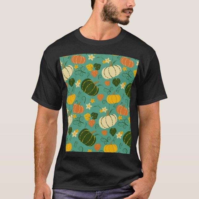 Pumpkins, leaves: autumn vegetable pattern T-Shirt (Front)