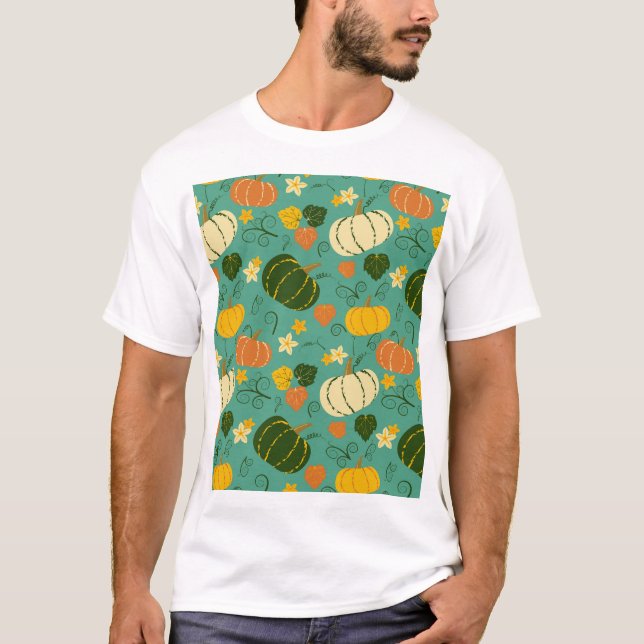 Pumpkins, leaves: autumn vegetable pattern T-Shirt (Front)