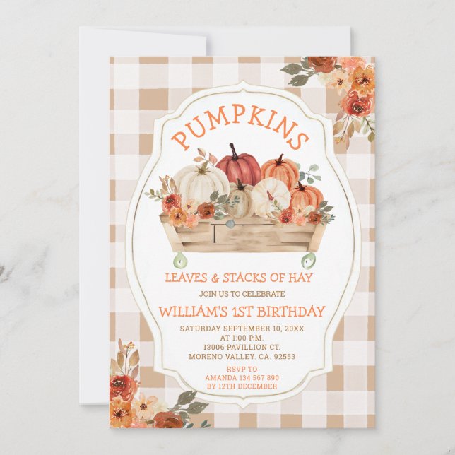 Pumpkins Leaves Hay Autumn Gingham 1st Birthday Invitation (Front)