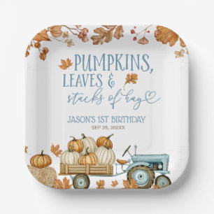 Pumpkins Leaves & Stacks of Hay Boy Paper Plate
