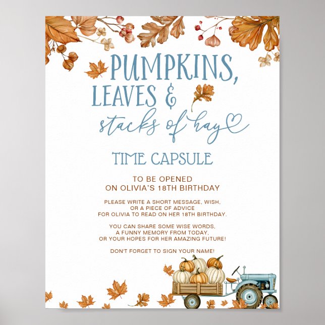 Pumpkins Leaves & Stacks of Hay Time Capsule Sign (Front)