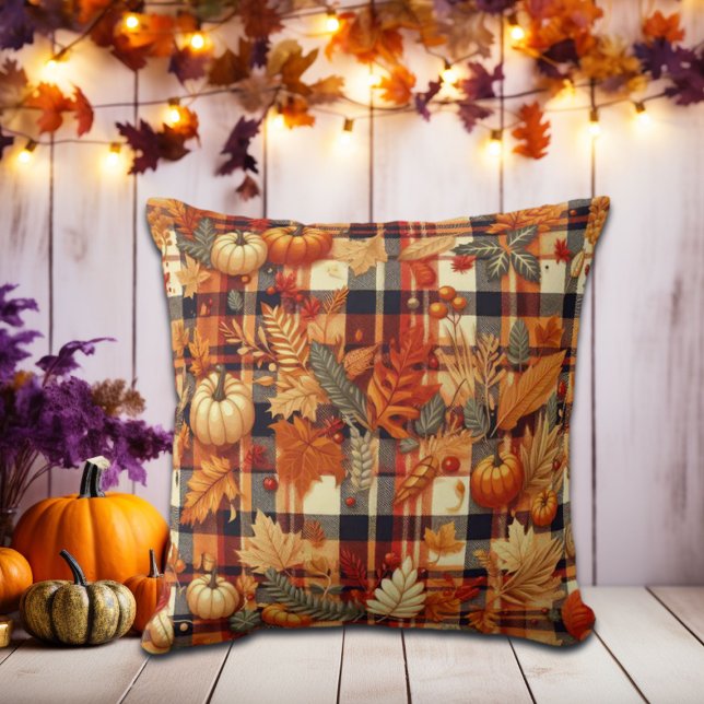 Pumpkins Maple Leaves Autumn Plaids  Cushion (Creator Uploaded)
