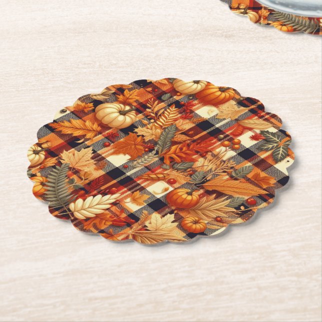 Pumpkins Maple Leaves Autumn Plaids  Paper Coaster (Angled)