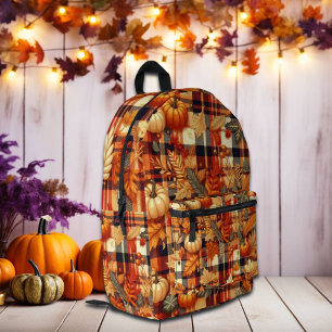 Pumpkins Maple Leaves Autumn Plaids Printed Backpack