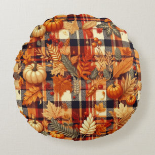 Pumpkins Maple Leaves Autumn Plaids Round Cushion