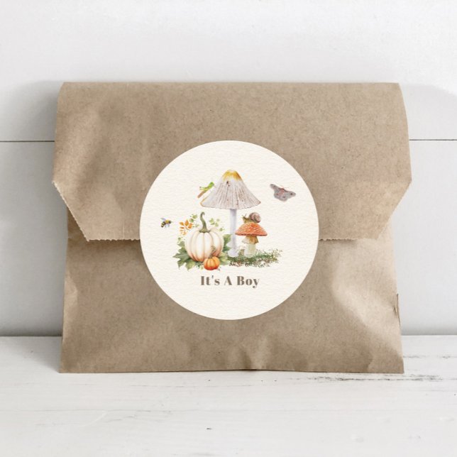Pumpkins Mushroom Woodland Insects Boy Baby Shower Classic Round Sticker (Creator Uploaded)
