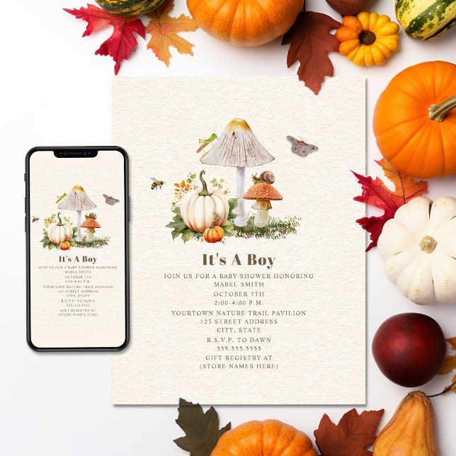 Pumpkins Mushroom Woodland Insects Boy Baby Shower Invitation (Creator Uploaded)