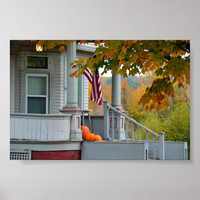 Pumpkins on a Vermont Porch in Autumn. Poster (Front)