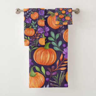 Pumpkins on purple pattern bath towel set