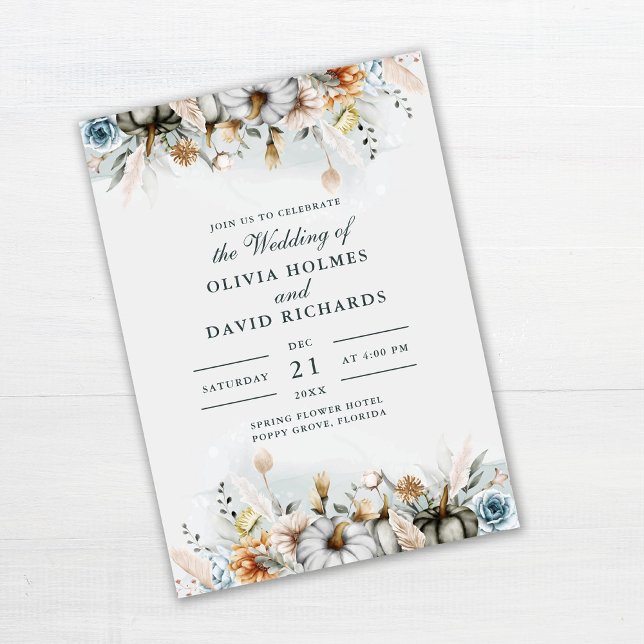 Pumpkins on Wildflower Meadow Wedding Invitation (Pumpkins on Wildflower Meadow Wedding Invitation on white wooden table)