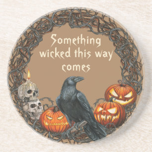 Pumpkins & Raven Halloween Wreath Coaster