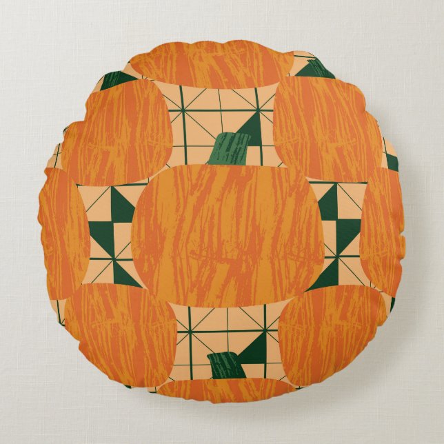 Pumpkins: Retro Geometric Triangle. Round Cushion (Front)