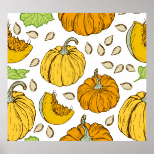 Pumpkins Retro Sketch: Thanksgiving Pattern. Poster