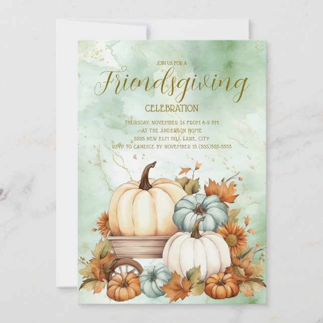 Pumpkins Rustic Sage Green White Friendsgiving (Front)
