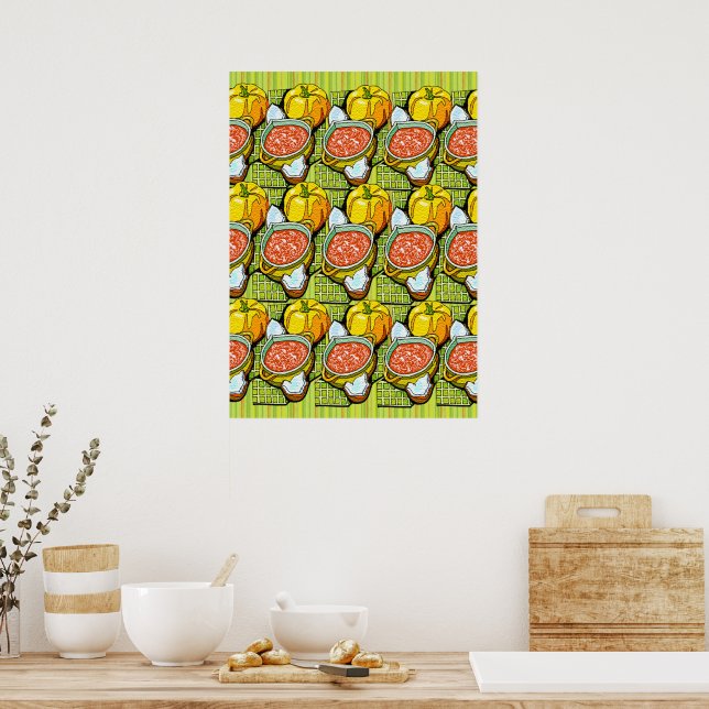 Pumpkins, Soup and Striped Background Poster (Kitchen)