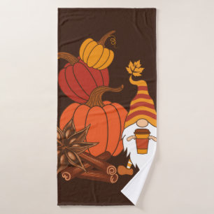 Pumpkins, star anise, cinnamon sticks, autumn leav bath towel