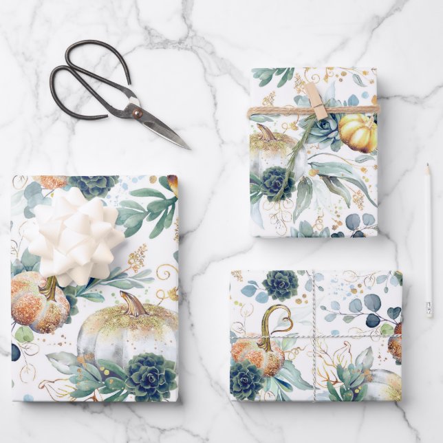Pumpkins Succulents Gold Greenery Eucalyptus Fall Wrapping Paper Sheet (Front)