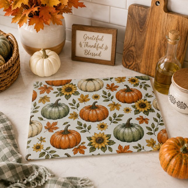 Pumpkins Sunflowers & Leaves Orange & Blue Fall Cutting Board (Creator Uploaded)